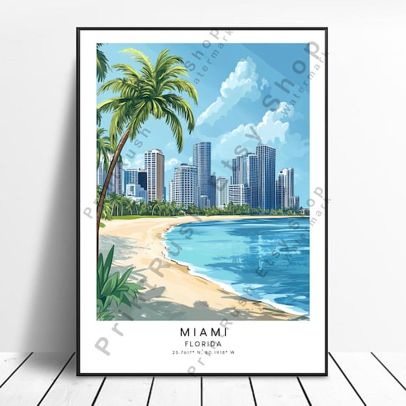 Miami Florida Beach Skyline Palm Tree Turquoise Coast City Travel Poster