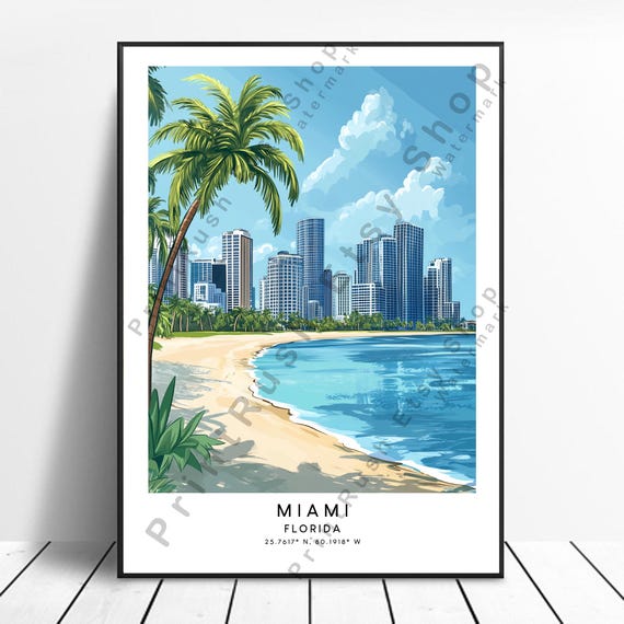 Miami Travel Print Wall Hanging Art Colourful Home Dcor Poster Illustration Florida Gift