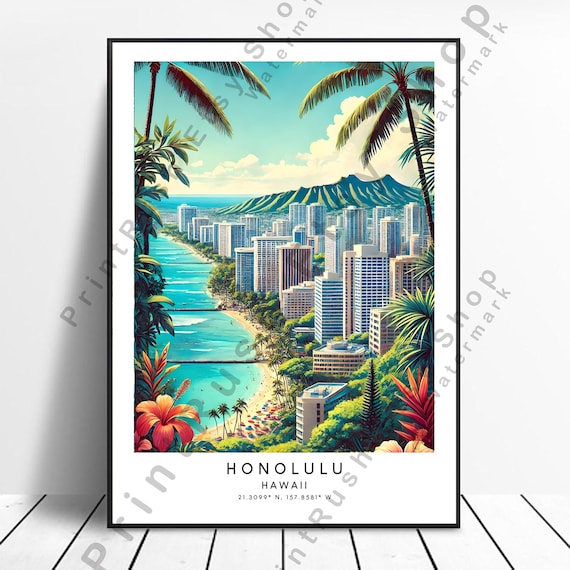 Honolulu Wall Art Print Hawaii Beach City Poster Waikiki Travel Skyline Dcor Tropical Gift