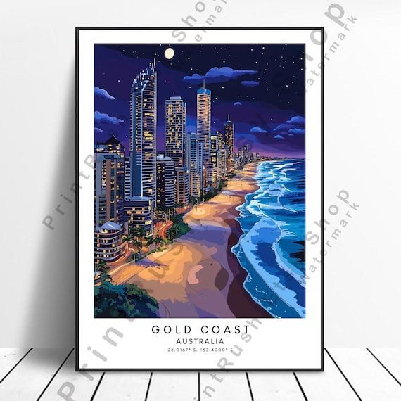 Gold Coast Print Australia Travel Poster Coastal Wall Art Cityscape City Lights Night And Day