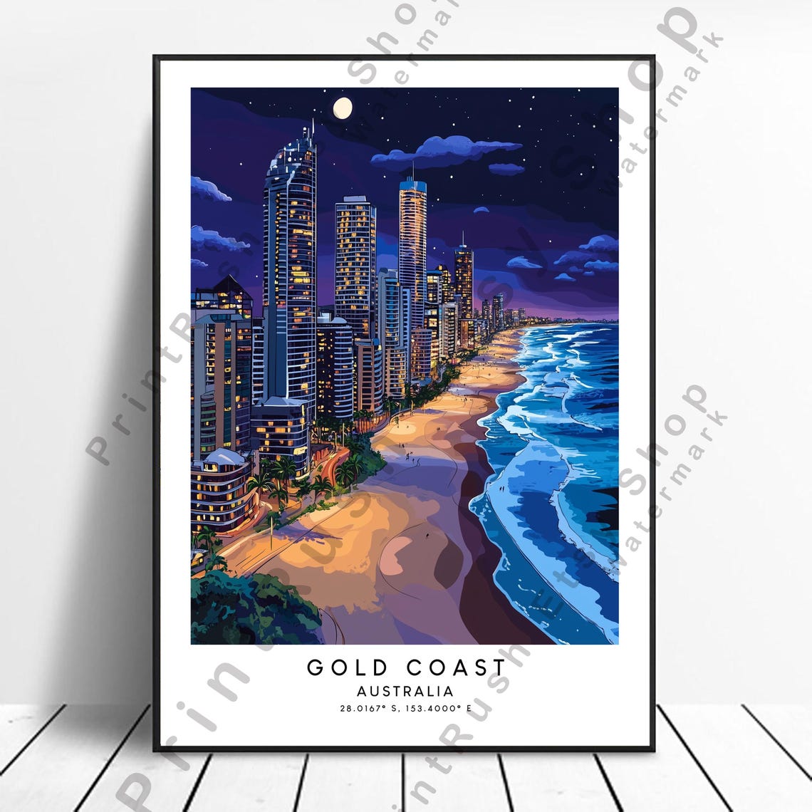 Gold Coast Australia Night Skyline Beach City Lights Travel Poster