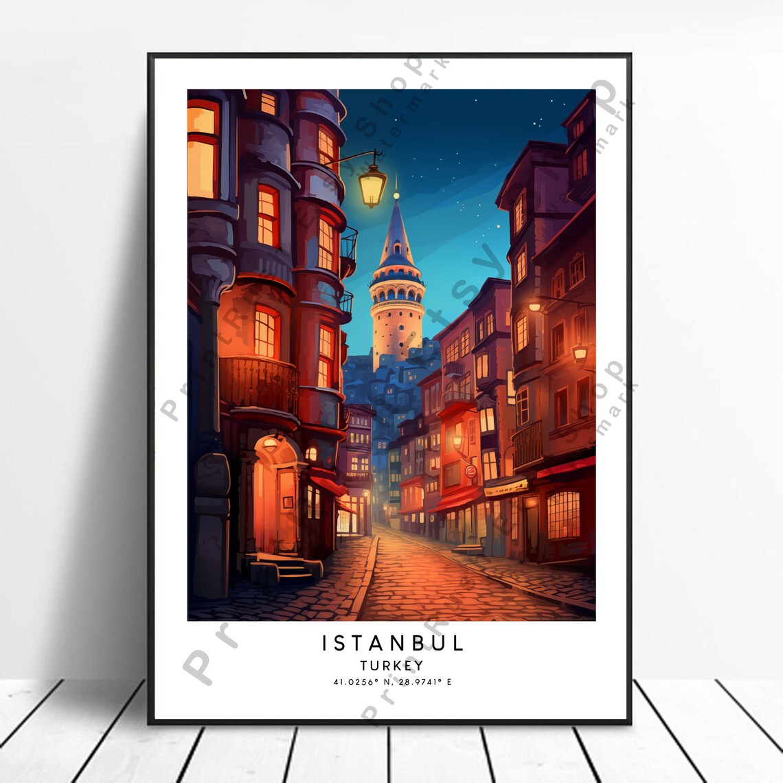 Istanbul Galata Tower Night Street Colorful Minimalist Travel Poster