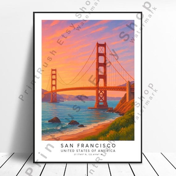 San Francisco Golden Gate Bridge Sunset Skyline Travel Poster