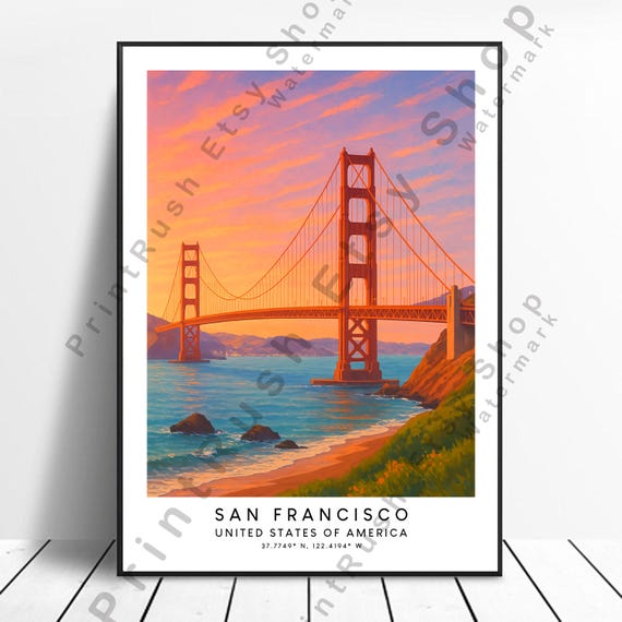 San Francisco Illustration Art Print Golden Gate Bridge Wall Decor Poster Sunset Coastal Gift