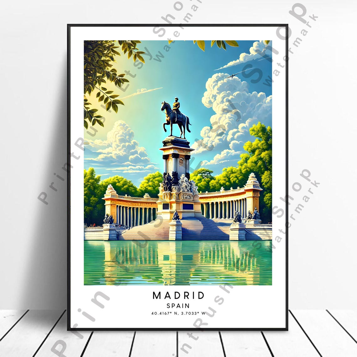 Madrid Spain Retiro Park Alfonso XII Monument Vintage Travel Poster