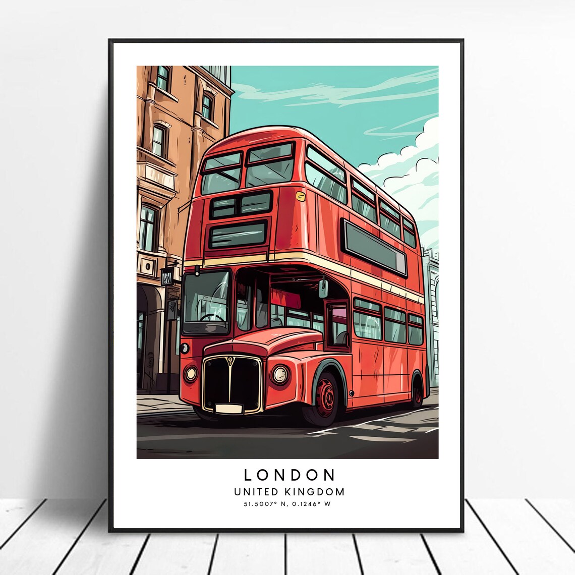 London Travel Print Colourful Double Deck Bus Poster Abstract Minimalist Wall Art Gift