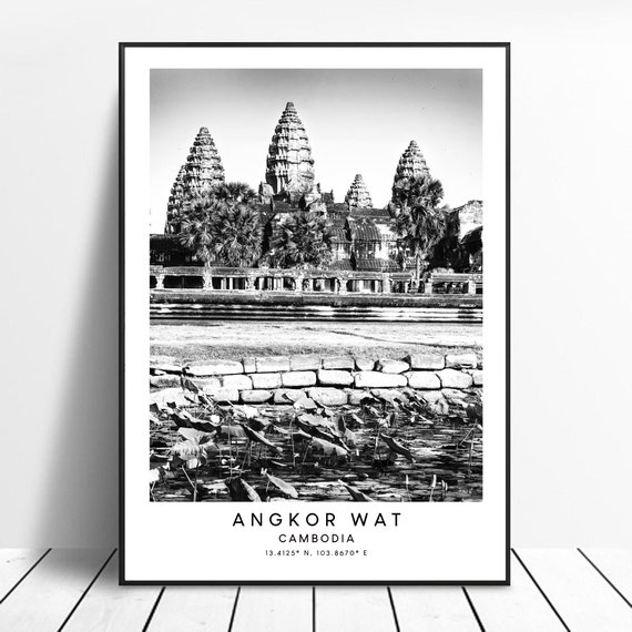Angkor Wat Minimalist Black And White Travel Poster, Cambodia
