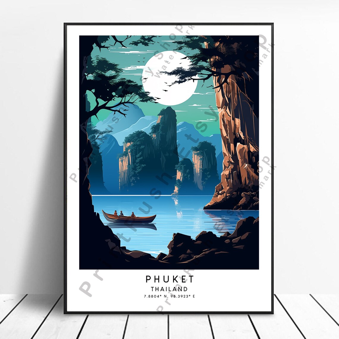 Phuket Thailand Moonlit Bay Karst Cliffs Canoe Travel Poster