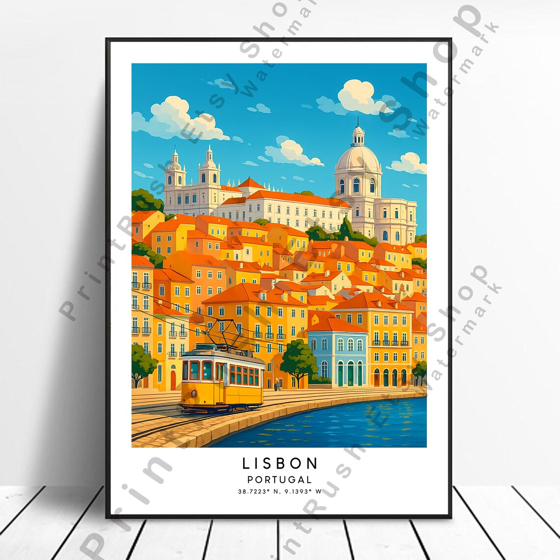Lisbon Portugal Yellow Tram Alfama Rooftops Colorful Travel Poster