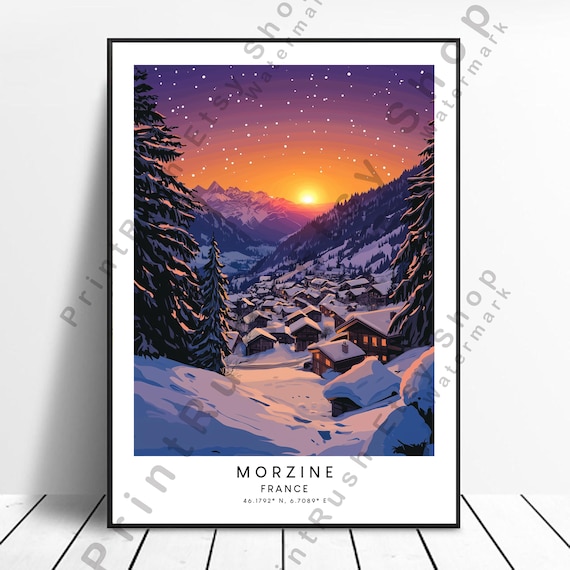 Morzine France Snowy Alpine Village Sunset Mountain Travel Poster