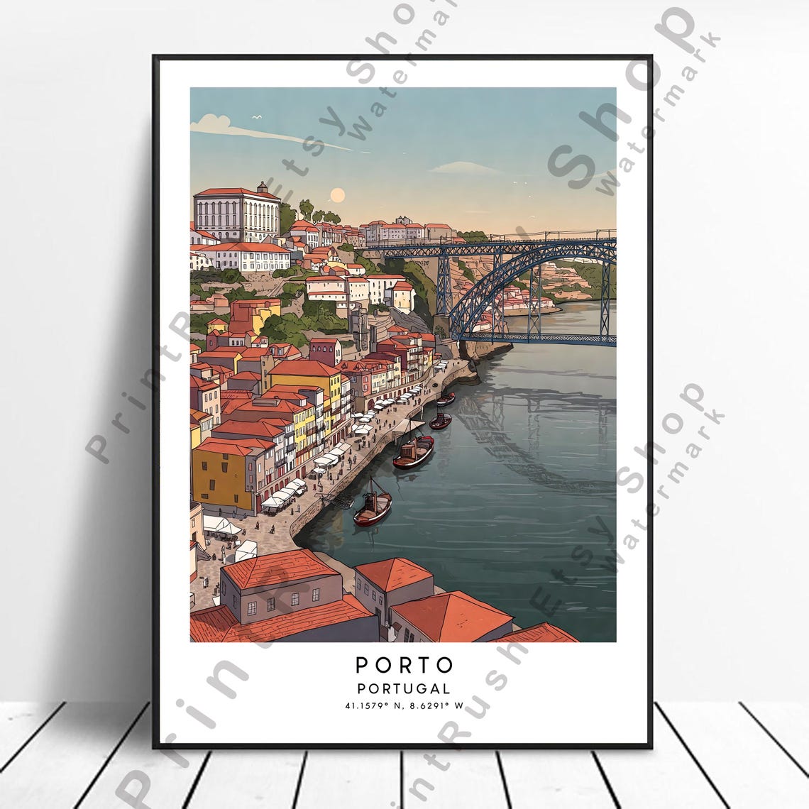 Porto Portugal Douro Riverfront Iron Bridge Old Town Travel Poster