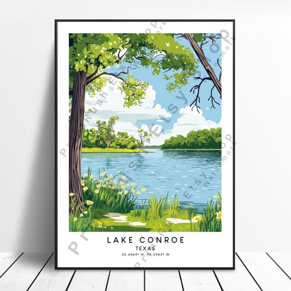 Texas Travel Print Colourful Lake Conroe Poster Wall Art Home Dcor Illustration Gift