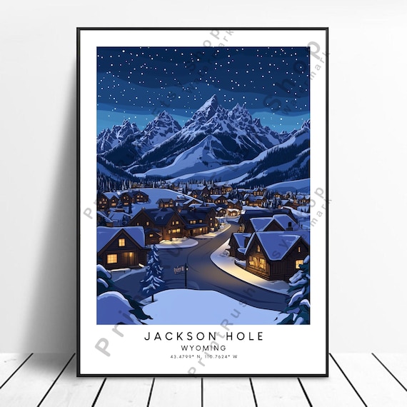 Jackson Hole Wyoming Winter Village Snowy Night Mountains Poster