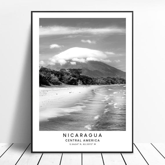 Nicaragua Minimalist Travel Poster, Black and White Volcano
