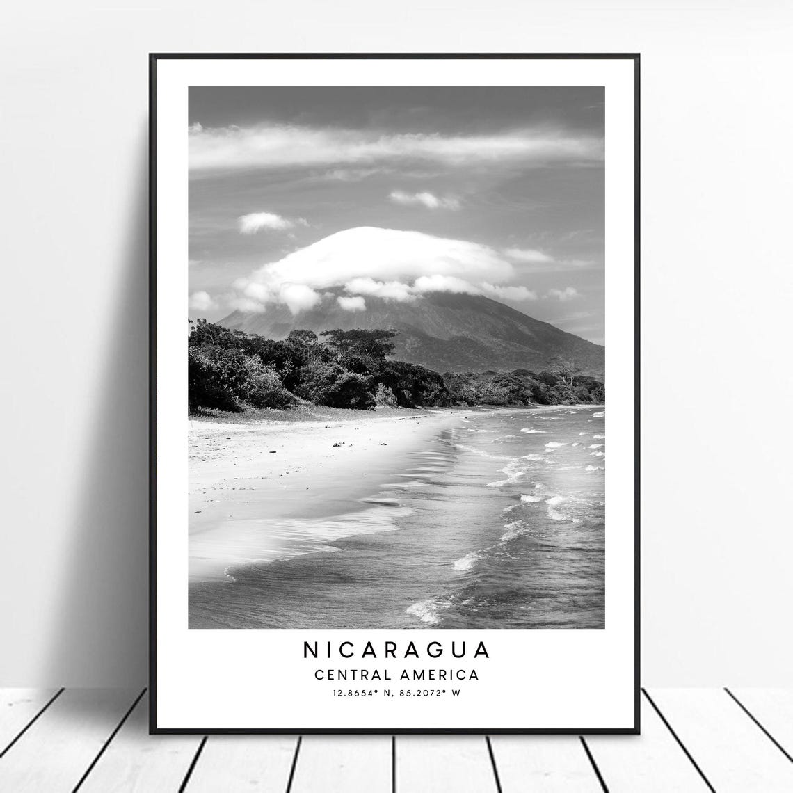 Nicaragua Minimalist Travel Poster, Black and White Volcano
