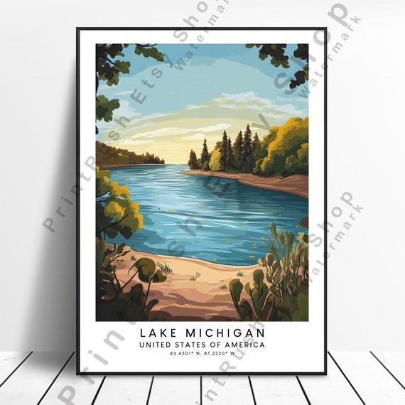 Lake Michigan Artwork Coastal Landscape Decor Print Nature Poster Illustration Home Art Gift