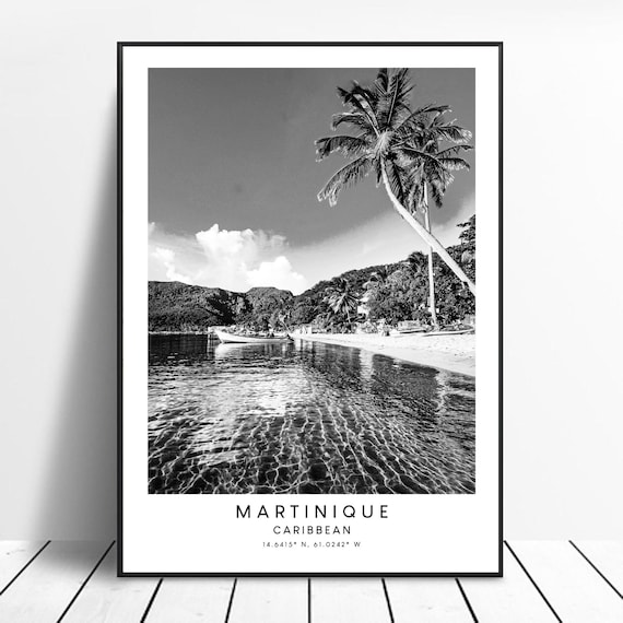 Martinique Caribbean Beach Palm Tree Black and White Travel Poster
