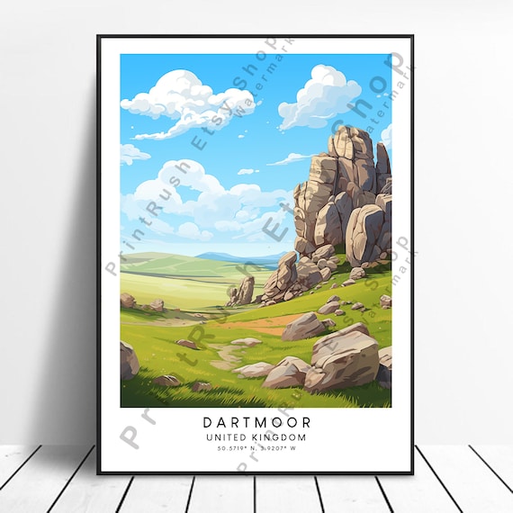 Dartmoor Granite Tor Travel Poster United Kingdom Moorland Art