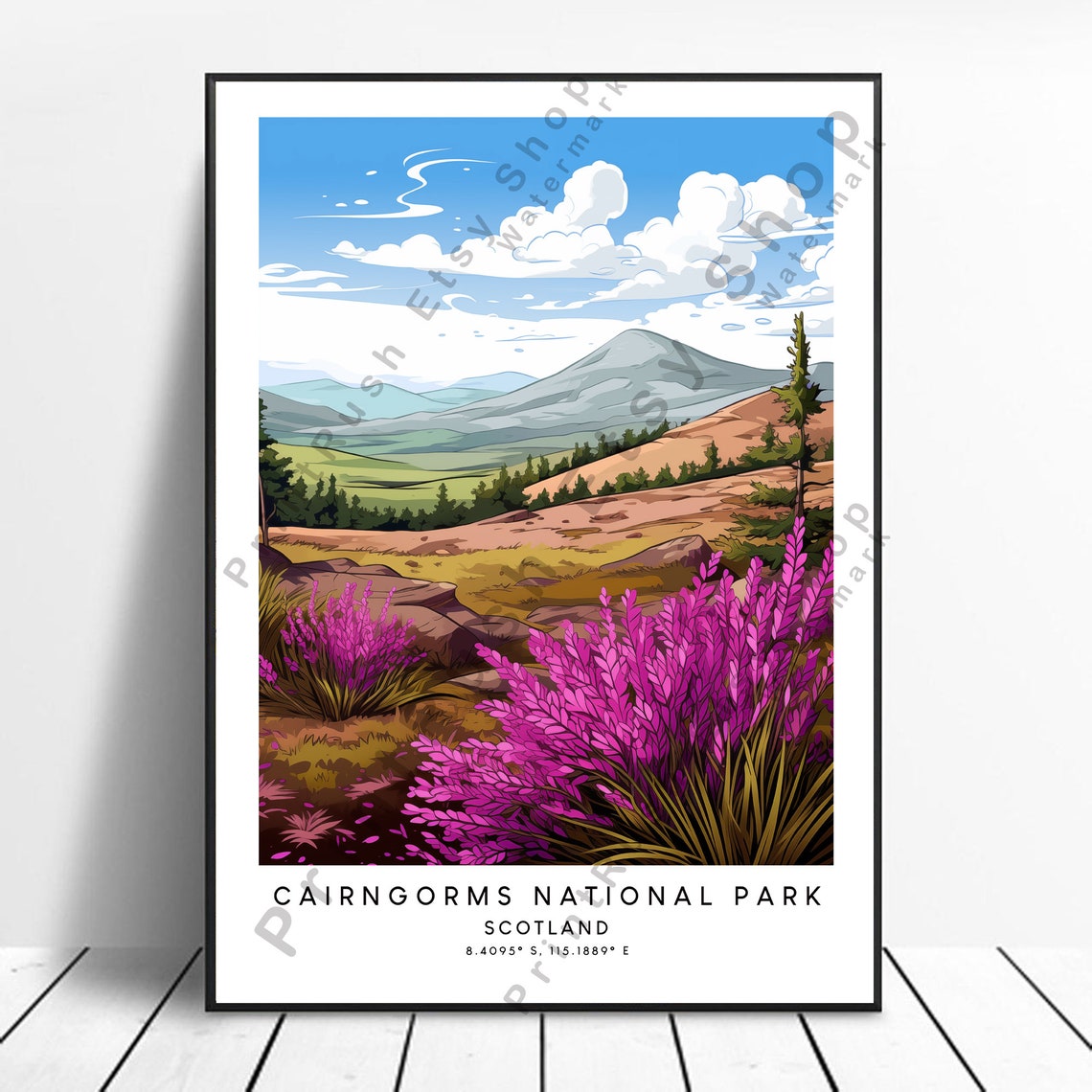 Cairngorms National Park Scotland Heather Mountains Travel Poster