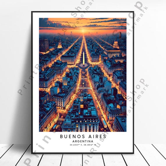 Buenos Aires Print Night Cityscape Poster Argentina Skyline Wall Art Modern Travel Artwork Illustration Gift
