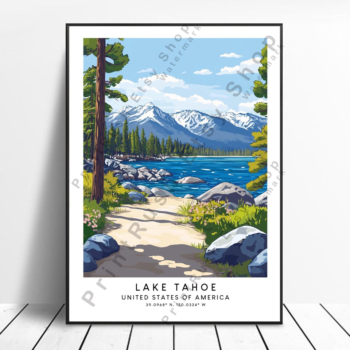Lake Tahoe Forest Trail to Lake Rocky Shore Snow Mountain Travel Print