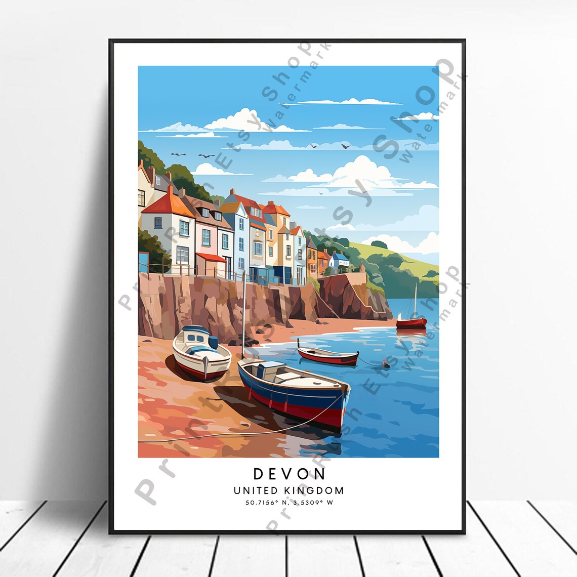 Devon England Colorful Harbor Fishing Boats Coastal Travel Poster