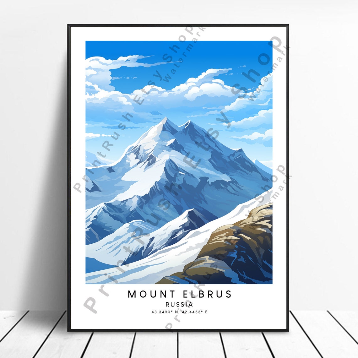 Mount Elbrus Russia Snowy Peak Blue Sky Mountain Travel Poster