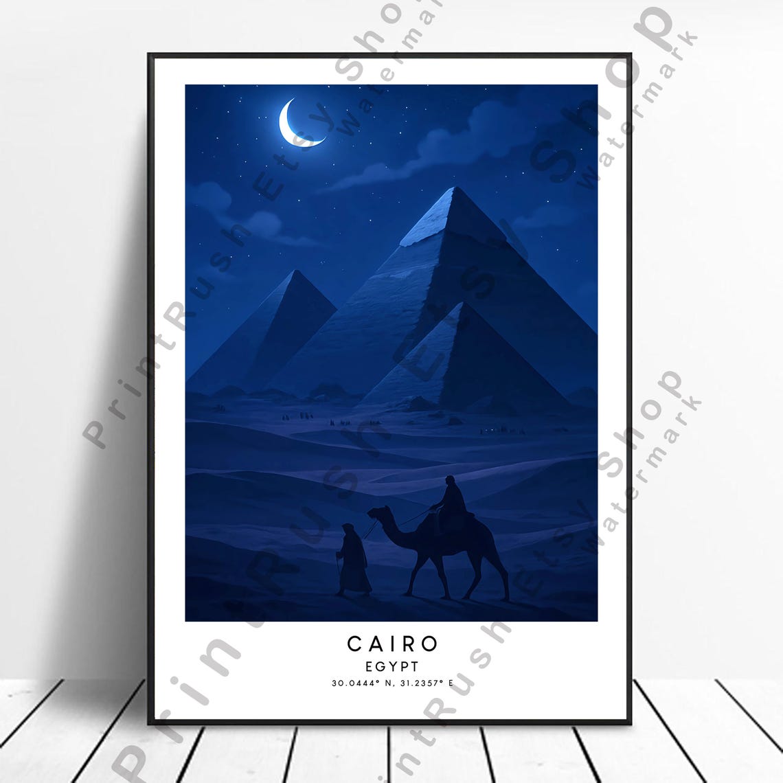 Cairo Egypt Pyramids Night Crescent Moon Camel Travel Poster