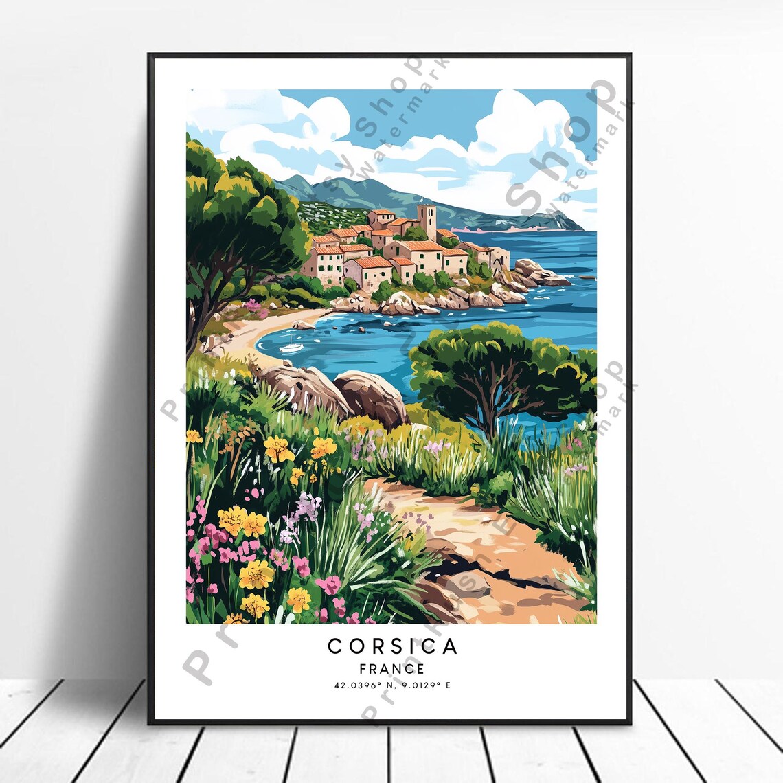 Corsica France Coastal Village Colorful Seaside Travel Poster