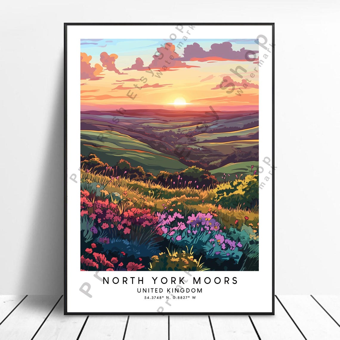 North York Moors Sunset Heather Fields Moorland Travel Poster