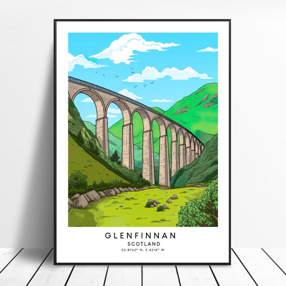 Scotland Travel Print Colourful Poster Glenfinnan Viaduct Minimalist Wall Art Gift