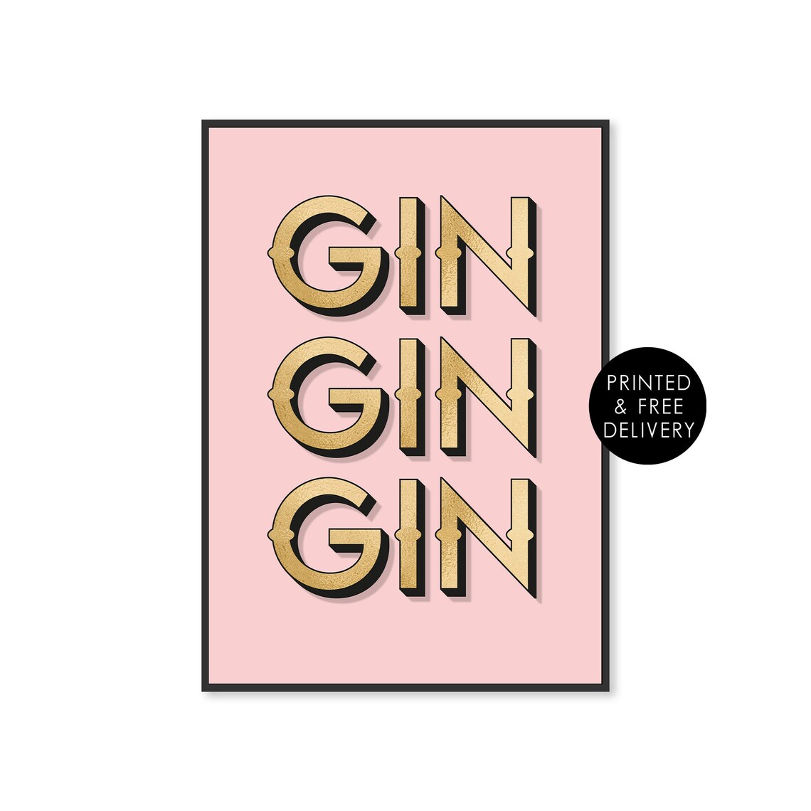 Gin Gin Gin Gold Foil Lettering Pink Home Bar Cocktail Poster