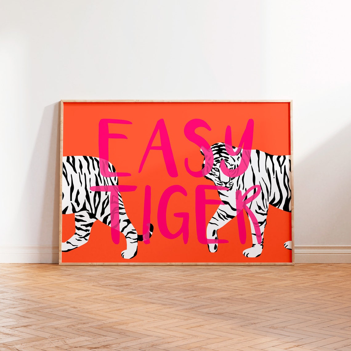 Easy Tiger Red Script White Tiger Illustration Pink Bedroom Poster - Image 2