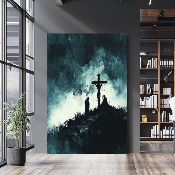 Crucifixion Silhouette Cross Teal Smoke Abstract Spiritual Art Poster