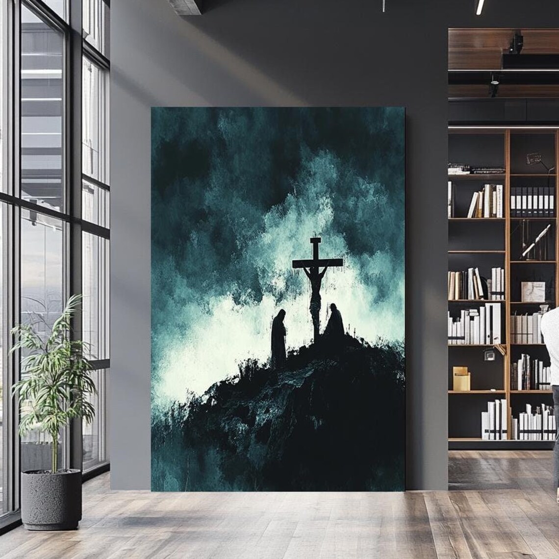 Crucifixion Silhouette Cross Teal Smoke Abstract Spiritual Art Poster