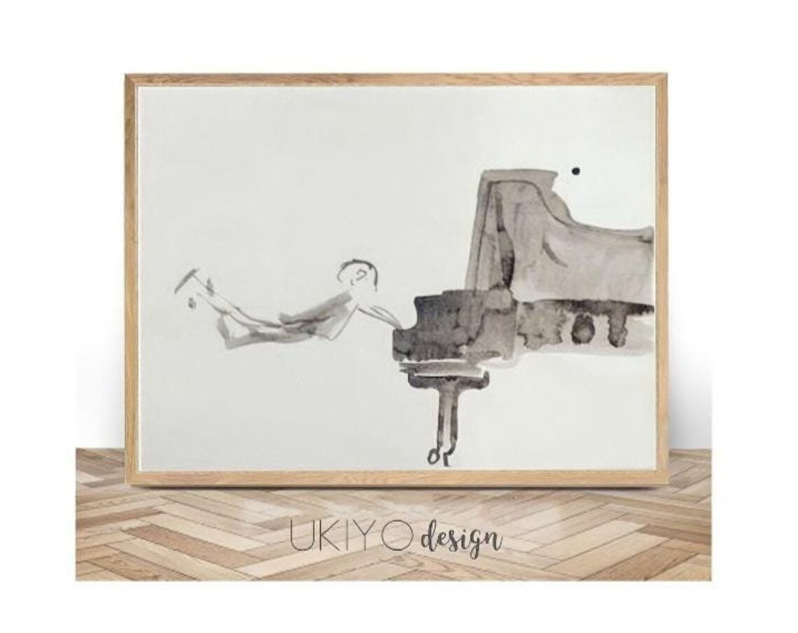 Minimalist Ukiyo Piano Art Print, Black and White