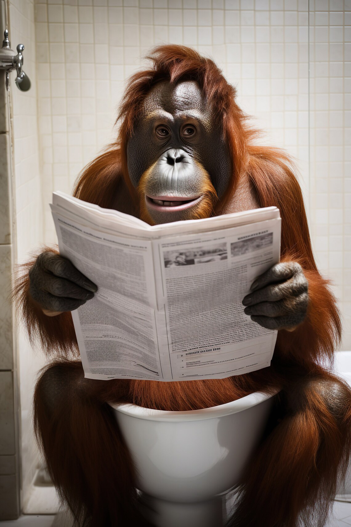 Orangutan Sitting on the Toilet, Funny Bathroom Art