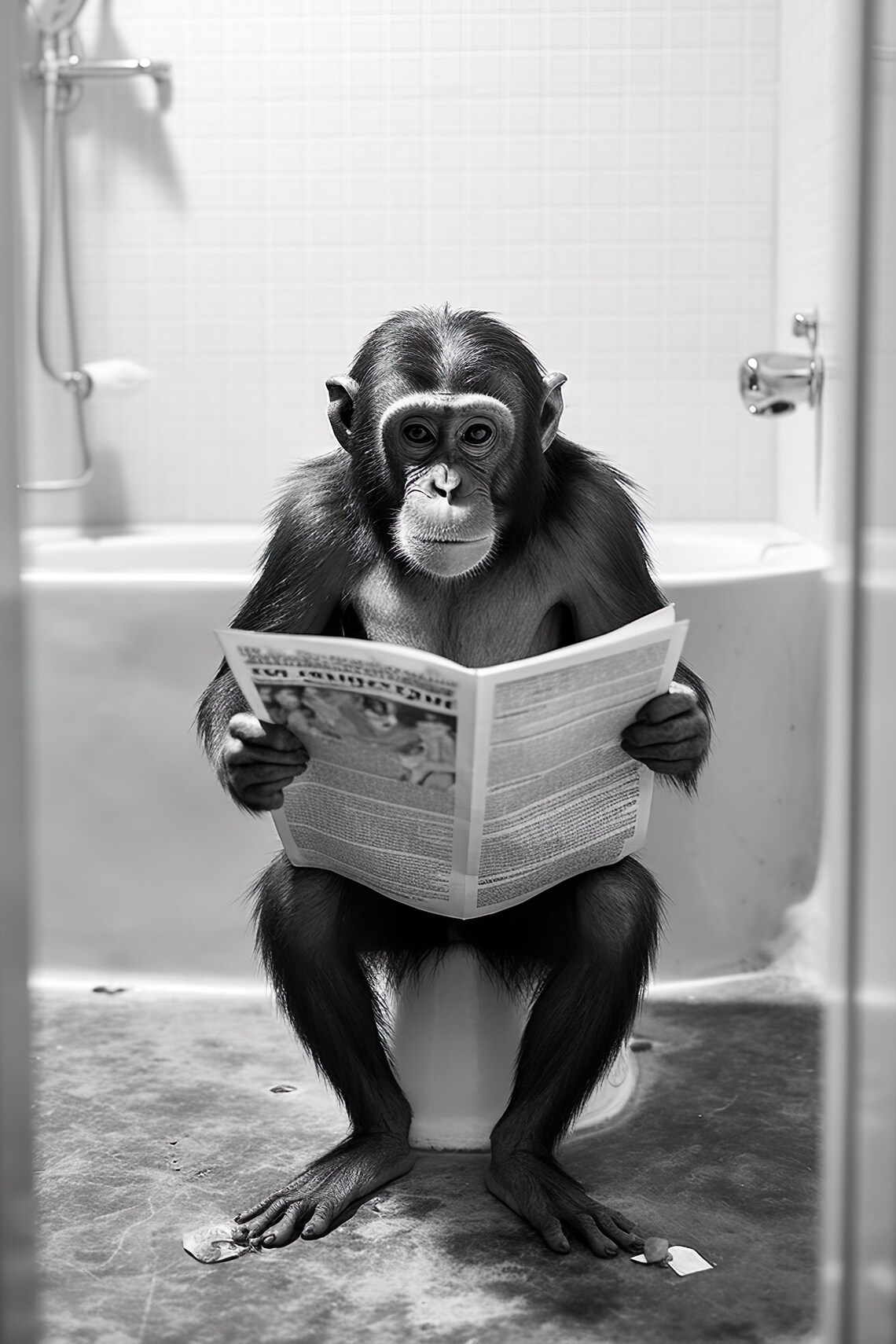 Monkey Sitting on the Toilet Reading a Newspaper, Funny Poster