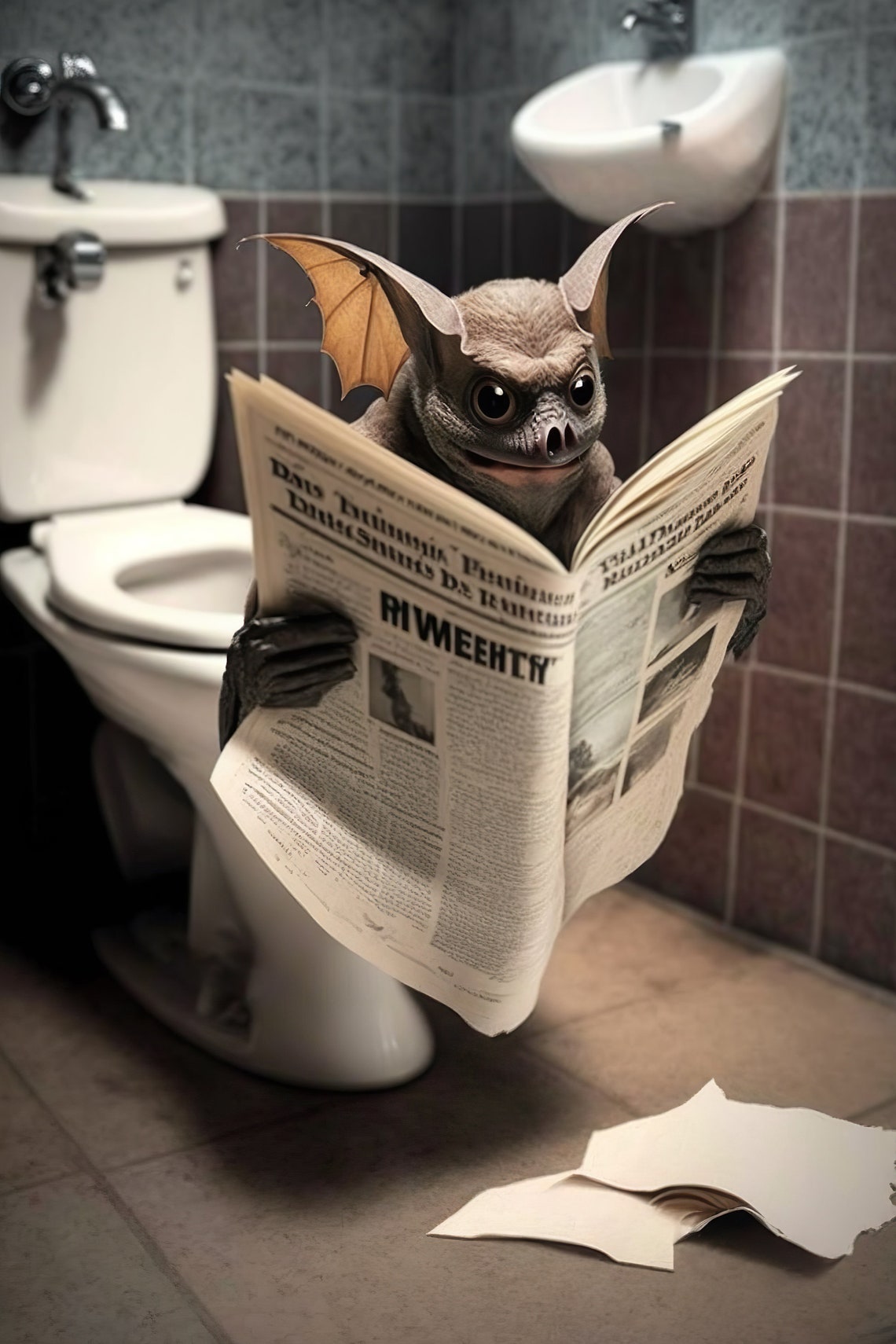 Funny Bat With Big Eyes Sitting On Toilet Reading Newspaper Poster