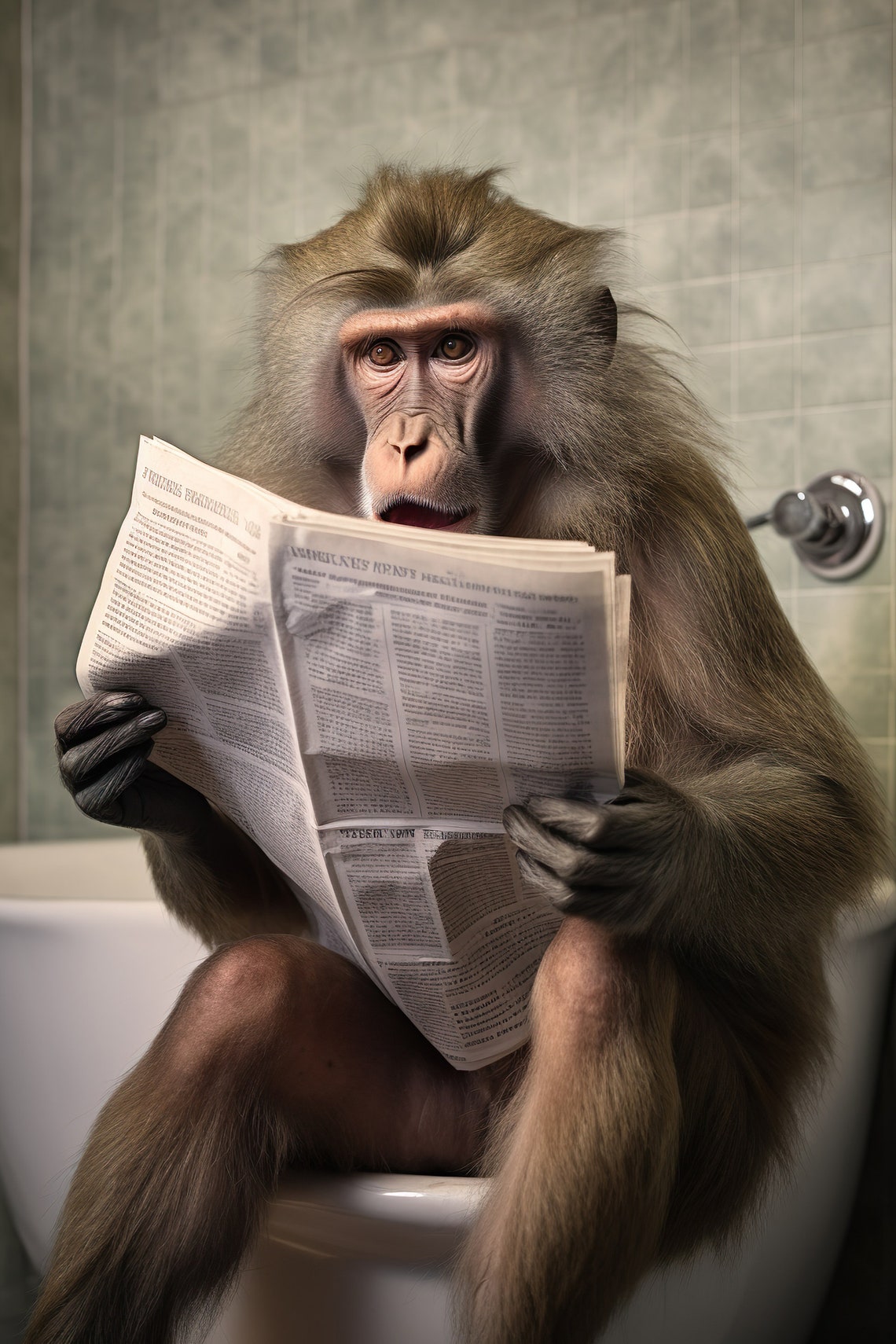 Surprised Baboon Reading Newspaper on Toilet Funny Bathroom Poster
