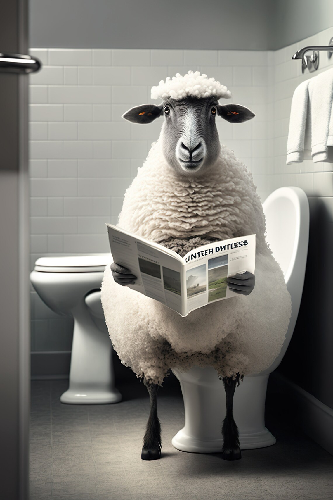 Sheep on the Toilet Reading Newspaper Funny Bathroom Wall Art