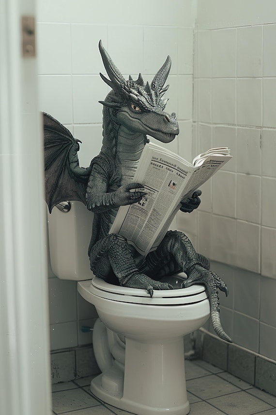 Dragon Reading Newspaper on Toilet Funny Bathroom Humor Poster