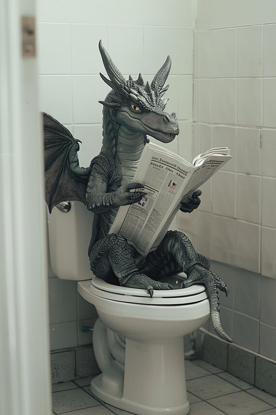 Dragon Sitting On The Toilet Reading A Newspaper Funny Bathroom Wall Art Funny Mythical Creature Print Home Decor Ai Art