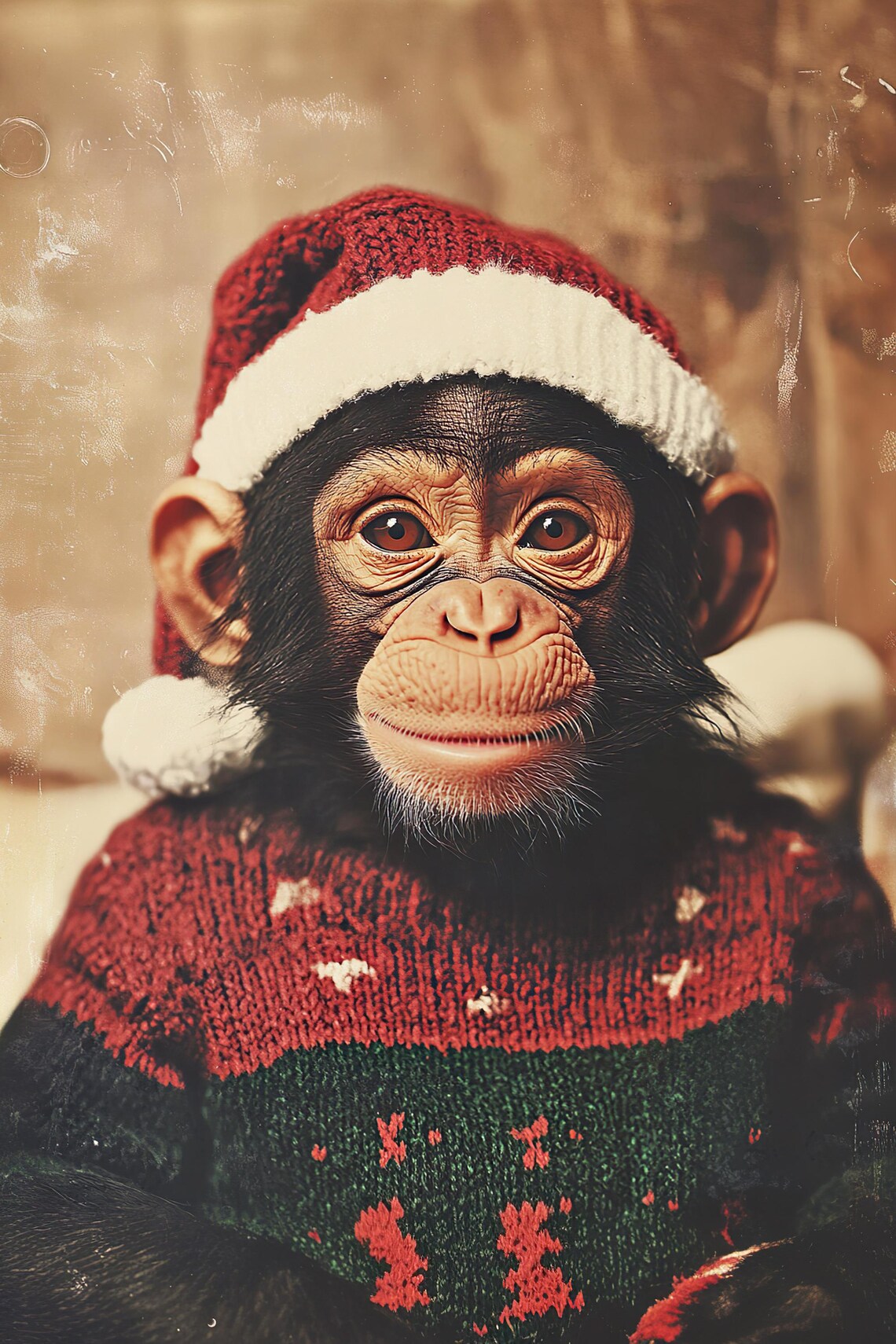 Baby Chimpanzee in Santa Hat and Christmas Sweater Cute Holiday Poster - Image 2
