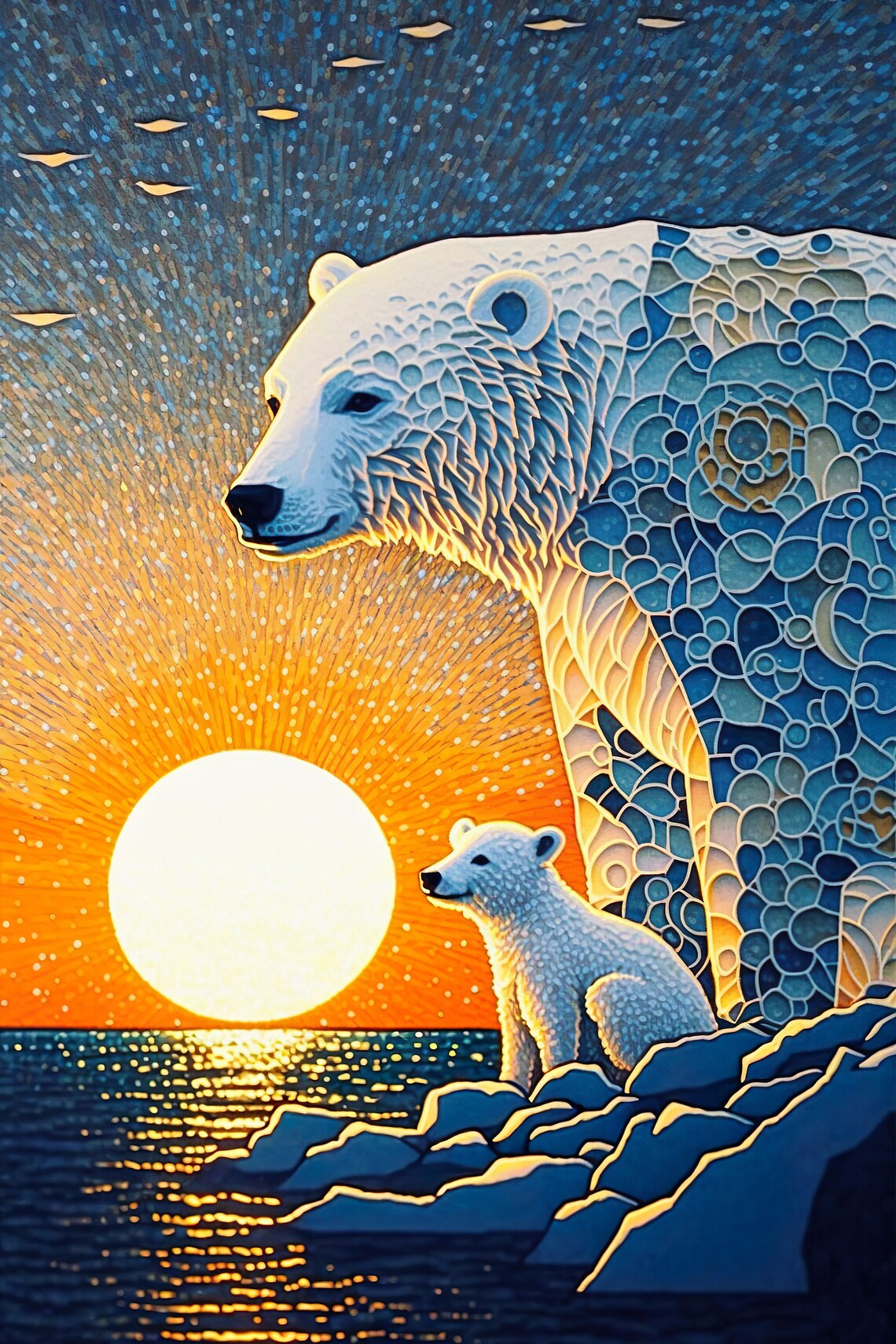Pointillism Polar Bear Mama And Cub Animal Print