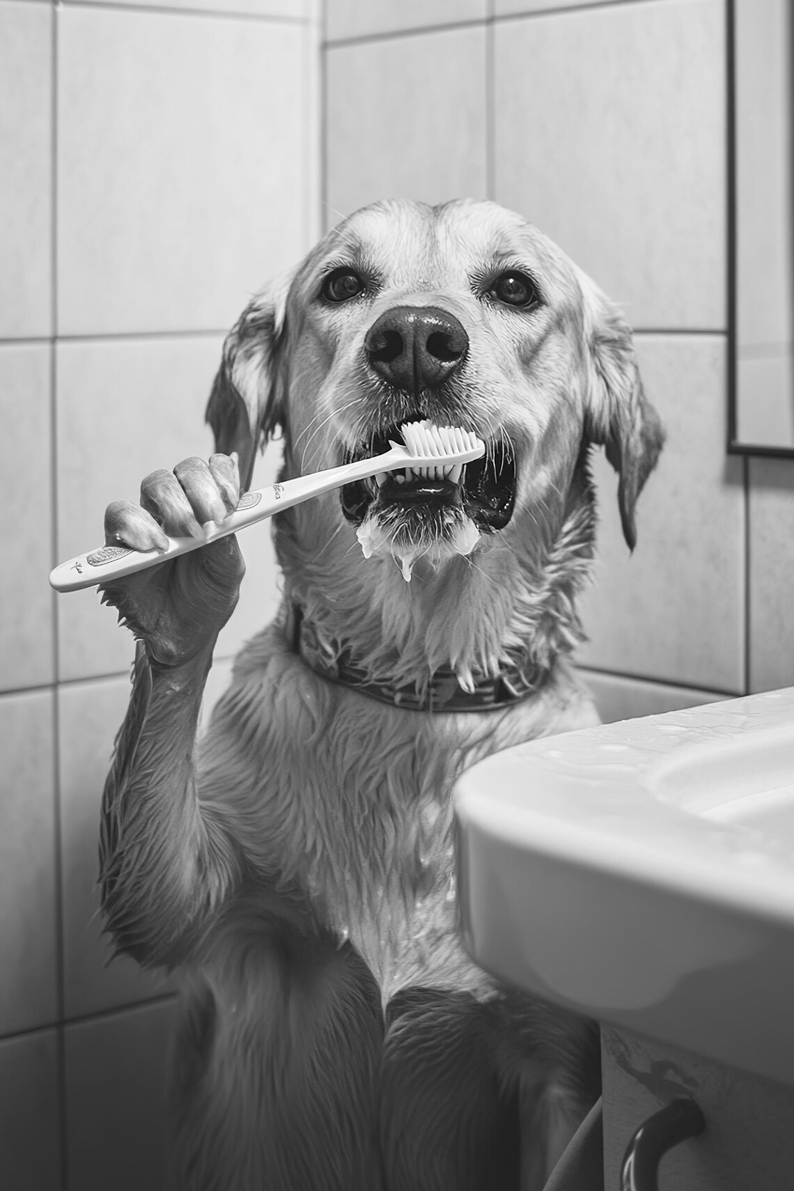 Dog Brushing Teeth Funny Bathroom Art Print - Image 2