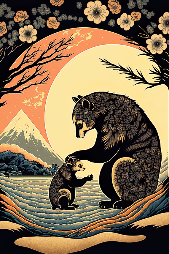 Mama Bear and Cub Moonlit Waves Cherry Blossom Japan Art Poster
