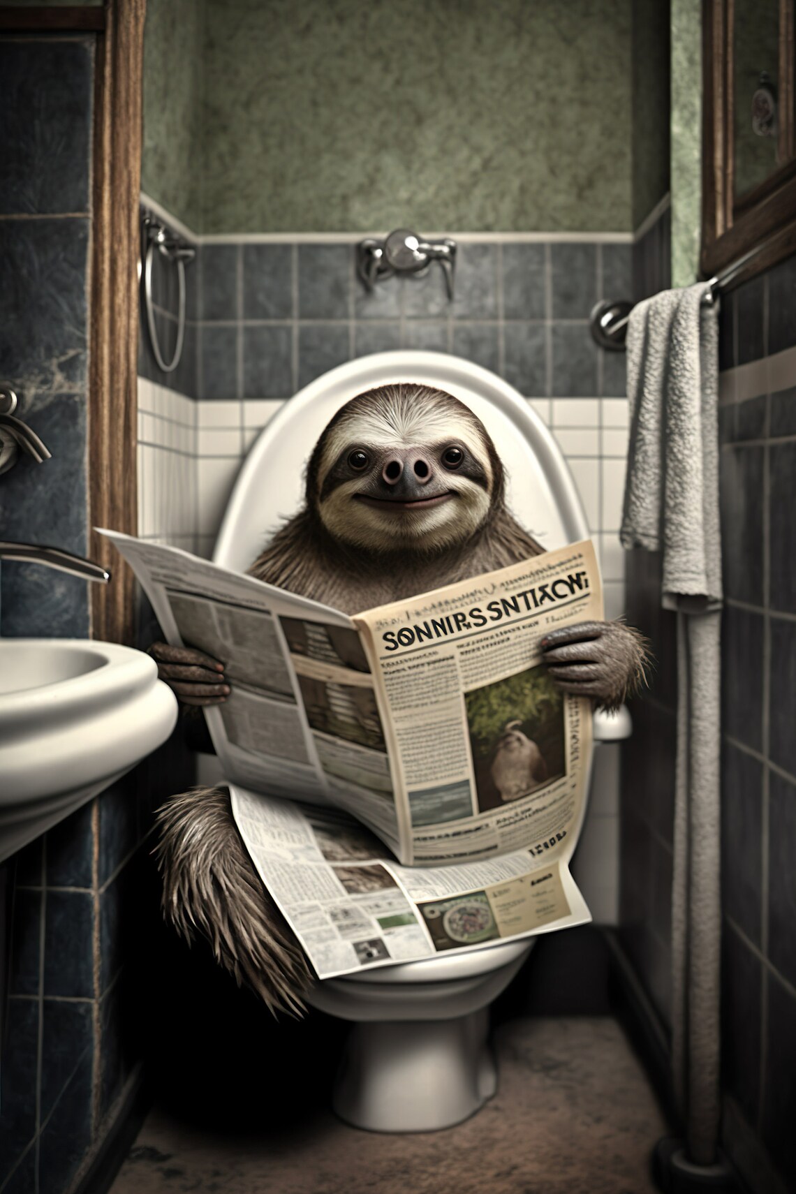 Sloth Reading Newspaper Bathroom Humor Art Print