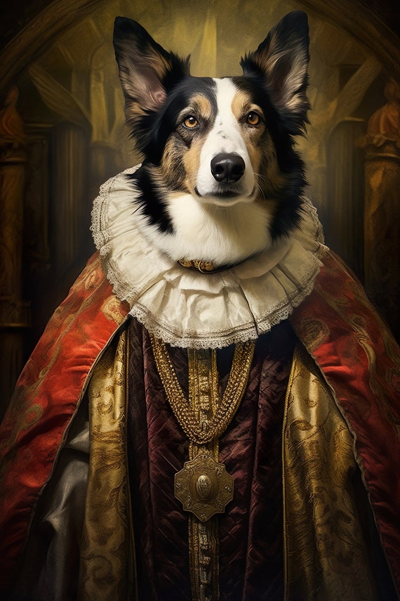 Aristocratic Collie Funny Dog Wall Art Renaissance Painting Dog Portrait Print Quirky Animal Art Home Decor Ai Art