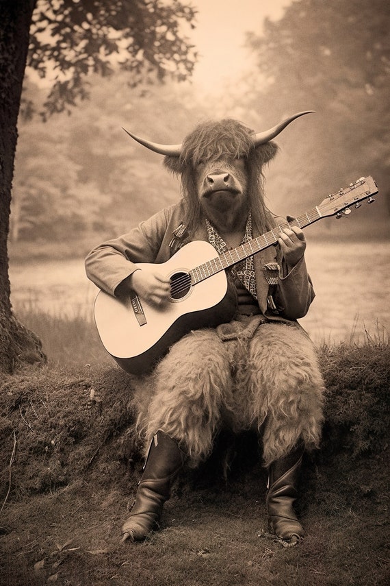 Highland Cow Playing Guitar Funny Vintage Animal Print Cow Photograph Retro Cow Humor Vintage Wall Art Home Decor Ai Art